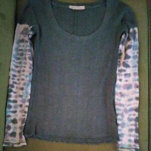We The Free Scoop Neck Long-Sleeve Top in Teal with Tie-Dye Sleeves